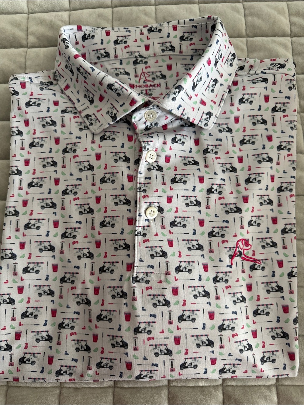 Rhoback Men's Beverage Cart White Golf Polo with Pink, Black & Blue Print